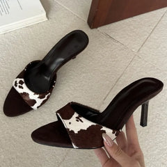 Aneikeh Horsehair Pointed Toe High Heel Slippers Female Leopard Print Mules Sandals Slide Shoes Zapatos De Mujer