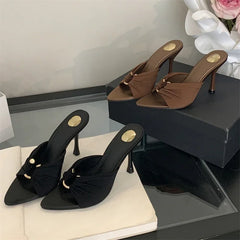 Aneikeh Mules Open Toed Shoes Pointed Silk Sandals Banquet High Heels Party Female Shoes