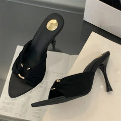 Aneikeh Mules Open Toed Shoes Pointed Silk Sandals Banquet High Heels Party Female Shoes