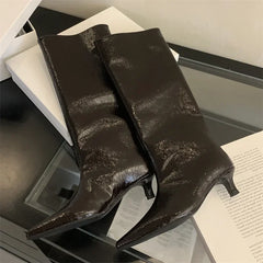 Aneikeh Autumn Street Style Sexy Pointed Toe Thin Low Heels Knee-High Boots Casual Party Shoes Long Botas Mujer