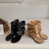 Aneikeh Black Rivet Gladiator Sandals Thong Open Toe Flat Ankle Boots Punk Style Buckle Strap Casual Shoes