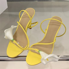 Aneikeh Bohemian Style Flower Narrow BRome Sandals Sexy PVC Transparent Open Toe Thin High Heels Party Prom Shoes