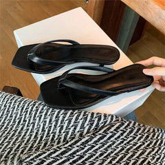 Aneikeh Brown Print Kitten Heel Flip Flops Square Toe Sandals Casual Slides Daily Party Shoes