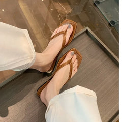 Aneikeh Brown Print Kitten Heel Flip Flops Square Toe Sandals Casual Slides Daily Party Shoes