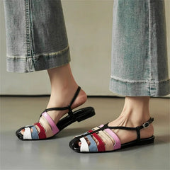 Aneikeh Comfortable Elegant Slingback Mules Sandals Bohemian Hollow Narrow BBuckle Strap Low Heels Sandals Shoes
