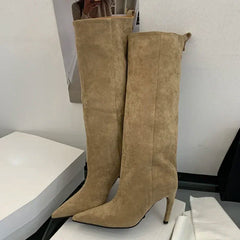 Aneikeh Concise Knee-High Boots Thin Heels Shoes Female Pointed Toe Long Booties Zapatos De Muje