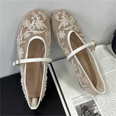 Aneikeh Elegant Ballet Dance Embroidered Flower Mesh Fabric Flat Heels Sandals Round Toe Buckle Strap Casual Mule Shoes