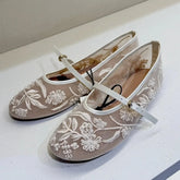 Aneikeh Elegant Ballet Dance Embroidered Flower Mesh Fabric Flat Heels Sandals Round Toe Buckle Strap Casual Mule Shoes