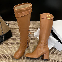 Aneikeh Elegant Gold Buckle Knee High Riding Boots Square Toe Mid Block Heel Side Zipper Slim Tall Leather Boots