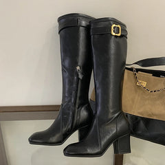 Aneikeh Elegant Gold Buckle Knee High Riding Boots Square Toe Mid Block Heel Side Zipper Slim Tall Leather Boots