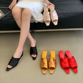 Aneikeh Elegant Satin Pleated Square Toe Mules Low Heel Slip on Casual Slippers