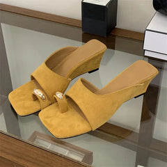 Aneikeh Comfortable Suede Clip Toe Wedge Heel Sandals Metal Decor Square Toe Slippers Zapatos De Mujer