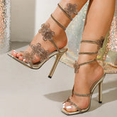 Aneikeh Gladiator Sandals Crystal Flower Narrow BSexy Thin High Heels Ankle Coiled Strap Banquet Prom Shoes