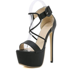 Aneikeh Head Peep Toe High Heel Buckle Strap PU Shoes Solid Platform Sandals Zapatos De Mujer Black