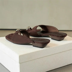 Aneikeh Hollow Out Square Clip Toe Vintage Brown Suede Wedges Low Heels Slippers Casual Shoes
