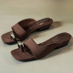 Aneikeh Hollow Out Square Clip Toe Vintage Brown Suede Wedges Low Heels Slippers Casual Shoes