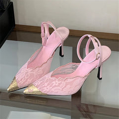Aneikeh Retro Lace Designer Pointed Toe Thin Heels Slingbacks Pumps Wedding Banquet Dress Mules Shoes