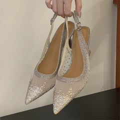 Aneikeh Shining Rhinestone Slingback Pumps Mesh Pointed Toe High Heels Elegant Party Shoe Stiletto Heeled Sandals