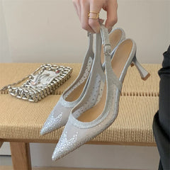 Aneikeh Shining Rhinestone Slingback Pumps Mesh Pointed Toe High Heels Elegant Party Shoe Stiletto Heeled Sandals