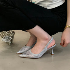Aneikeh Shining Rhinestone Slingback Pumps Mesh Pointed Toe High Heels Elegant Party Shoe Stiletto Heeled Sandals