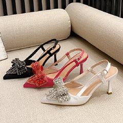 Aneikeh Pointed Toe Pumps Designer Crystal Butterfly-knot Elegant Slingbacks Buckle Strap High Heels Wedding Shoes