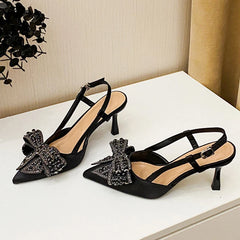 Aneikeh Pointed Toe Pumps Designer Crystal Butterfly-knot Elegant Slingbacks Buckle Strap High Heels Wedding Shoes