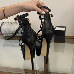 Aneikeh Sexy Black Satin Platform High Heels Ankle Strap Sandals Metal Decoration Narrow BBanquet Prom Shoes
