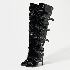 Aneikeh Sexy Thin High Heels Patent Leather Over The Knee Boot Design Style Narrow BBuckle Strap Stripper Shoes