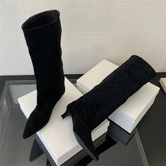 Aneikeh Street Style Pointed Toe Knee-High Boots Low Heels Shoes Female Long Booties Zapatos De Mujer