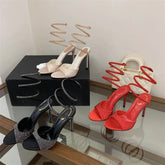 Aneikeh Street Style Sexy Black Rhinestone Wrap Around Heels Open Toe Stiletto High Heel Sandals Party Crystal Shoes