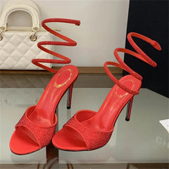 Aneikeh Street Style Sexy Black Rhinestone Wrap Around Heels Open Toe Stiletto High Heel Sandals Party Crystal Shoes