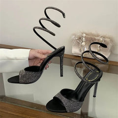 Aneikeh Street Style Sexy Black Rhinestone Wrap Around Heels Open Toe Stiletto High Heel Sandals Party Crystal Shoes
