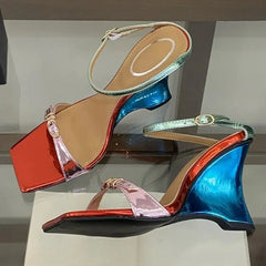 Aneikeh Color Block Wedge Sandals Slippers Square Open Toe Slingback Ankle Strap Buckle Party Shoes Wedges Heel Mules