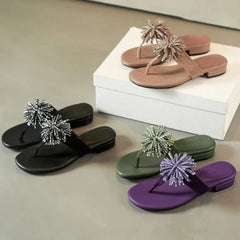 Aneikeh Elegant Square Low Heels Flip Flops Rhinestone Flower Clip Toe Slippers Daily Dress Casual Shoes