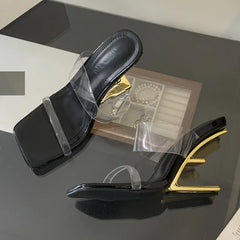 Aneikeh Golden Cross Transparent Straight Strap Sandals Exposed Toe Sexy High Heels Slippers Mules Shoes