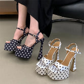 Aneikeh Polka Dot Platform Square Toe Buckle Strap Sandals High Heels Pumps Banquet Shoes