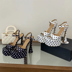 Aneikeh Polka Dot Platform Square Toe Buckle Strap Sandals High Heels Pumps Banquet Shoes