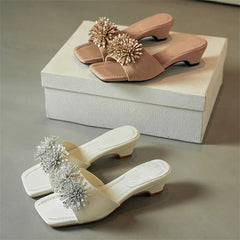 Aneikeh Rhinestone Flower Square Toe Comfortable White Low Block Heel Mules Slippers Party Dress Slide Shoe