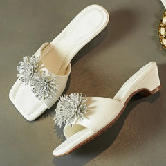 Aneikeh Rhinestone Flower Square Toe Comfortable White Low Block Heel Mules Slippers Party Dress Slide Shoe