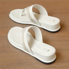 Aneikeh Shallow Flip Flops Elegant Woven Strap Clip Toe White Platform Wedges Low Heels Slippers Shoes