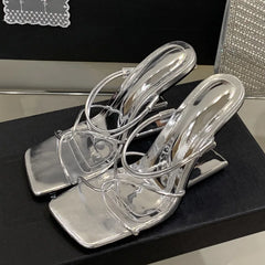 Aneikeh Silvery Cross Transparent Straight Strap Sandals Exposed Toe Sexy Fretwork High Heels Slippers Mules Shoes