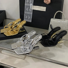Aneikeh Silvery Cross Transparent Straight Strap Sandals Exposed Toe Sexy Fretwork High Heels Slippers Mules Shoes