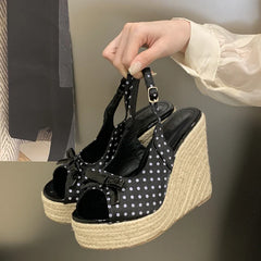 Aneikeh Thick Soled Grass Woven High Heels Casual Retro Roman Sandals Polka Butterfly-kont Wedge Platform Woman Sandals