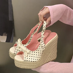 Aneikeh Thick Soled Grass Woven High Heels Casual Retro Roman Sandals Polka Butterfly-kont Wedge Platform Woman Sandals