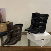Aneikeh Vintage Triple Buckle Slouch Western Mid Boots Pointed Toe Low Block Heel Retro Cowgirl Boots