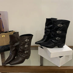 Aneikeh Vintage Triple Buckle Slouch Western Mid Boots Pointed Toe Low Block Heel Retro Cowgirl Boots