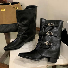 Aneikeh Vintage Triple Buckle Slouch Western Mid Boots Pointed Toe Low Block Heel Retro Cowgirl Boots