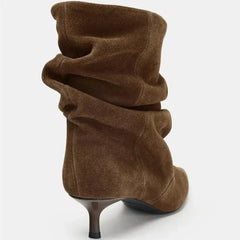 Aneikeh Wrinkle Pointed Toe Ankle Boots Pleated Short Boots Female Retro Elegant Designer Femmes Botas De Mujer