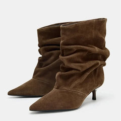 Aneikeh Wrinkle Pointed Toe Ankle Boots Pleated Short Boots Female Retro Elegant Designer Femmes Botas De Mujer
