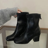 Aneikeh Black Stretch Ankle Boots Square Toe Block Mid Heel Back Zipper Slim Fit Leather Booties Autumn Dress Shoes